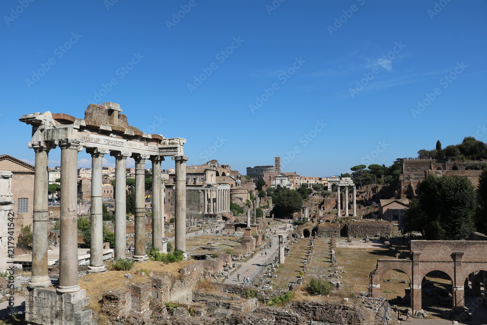 View from Tabularium to Temple of Saturn in Forum Romanum, Italy 