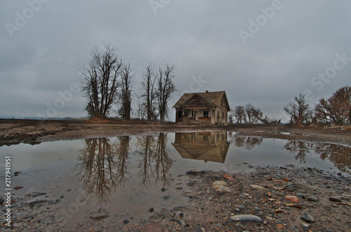 Abandoned Pioneer House and reflection on stormy day, Nampa, Idaho.  Trees planted as wind break photo