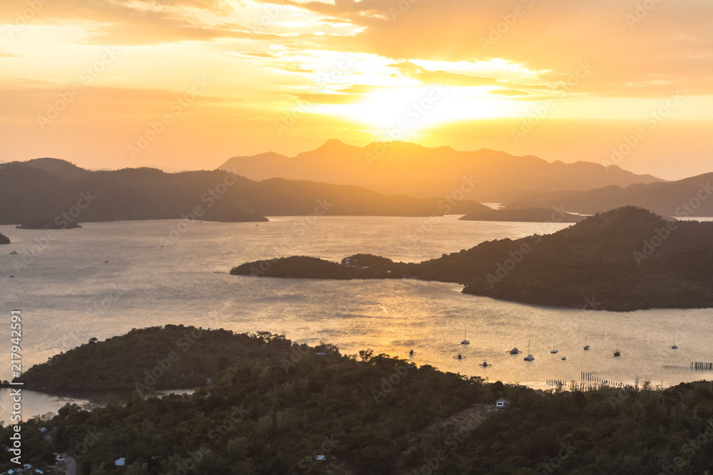 Sunset over the landscape of Coron bay, philippines