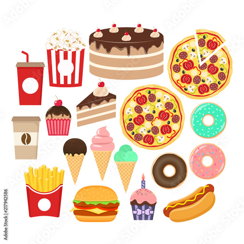 Fast food icons set. Burger, popcorn, french fries, soda, donut and hot dog colorful cartoon set. Chocolate glazed cake, ice cream, coffee cup and cupcake icons.