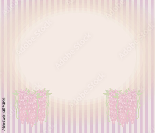 Striped retro vintage card with bunches of three beams of flowing pink flowers and leaves, oval horizontal light area for labeling vector cute drawing background.