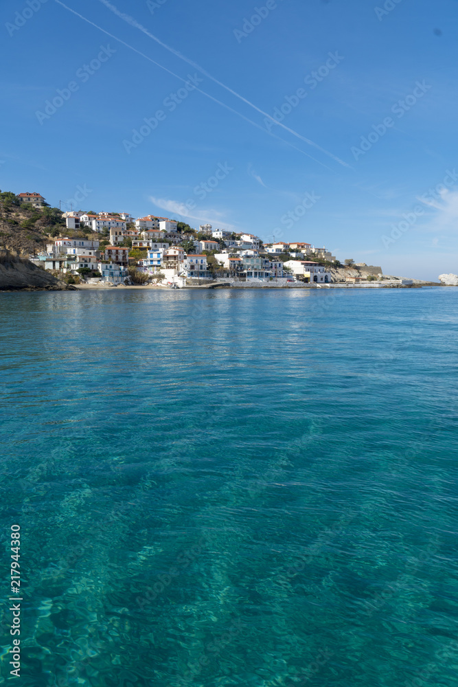 a view from a greek island ikaria with cyrstal clear turquoise water