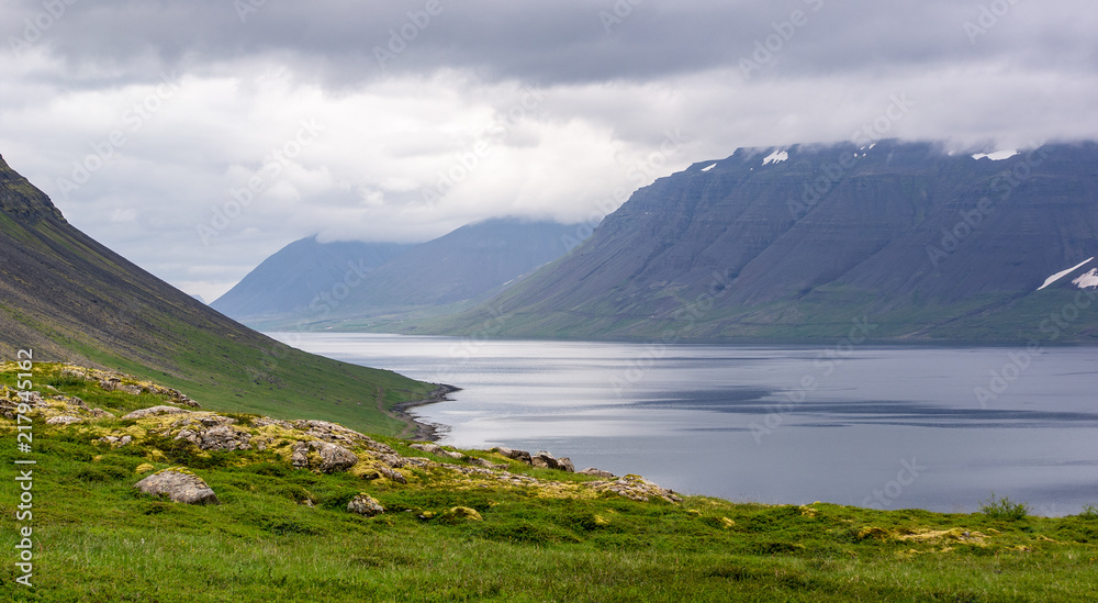 Wide angle panorama of Dynjandisvogur landscape in Iceland
