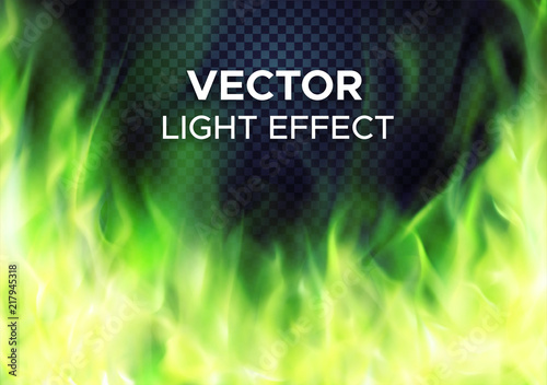 Burning green fire flames on transparent background. Vector special light effect