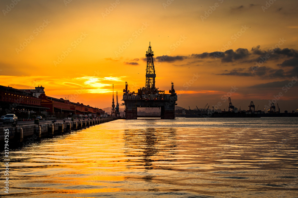 Silhouette of Oil Drilling Rig in Guanabara Bay in Rio de Janeiro, Brazil