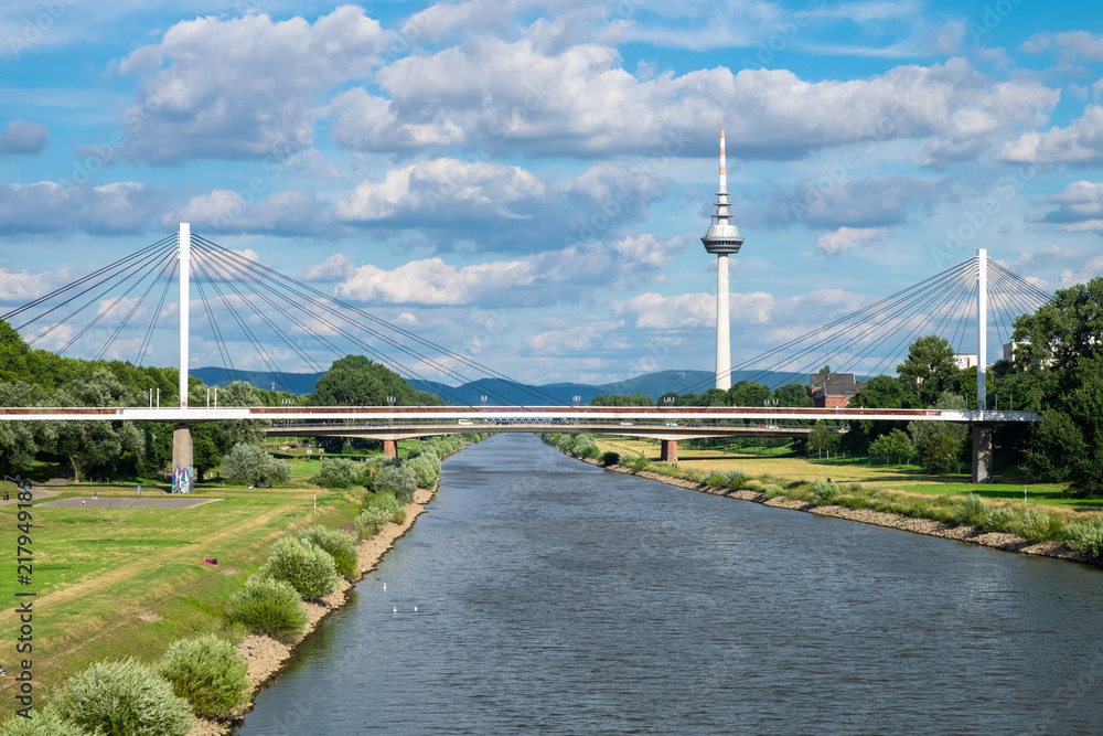 The view of Neckar river, the bridge and TV tower with hills in the background. Shot in Manheim on a sunny summer day.
