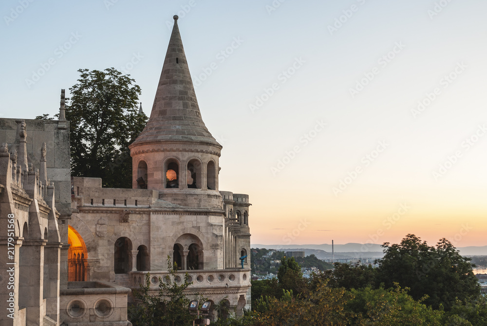 South Gate of Fisherman's Bastion in Budapest at Sunrise