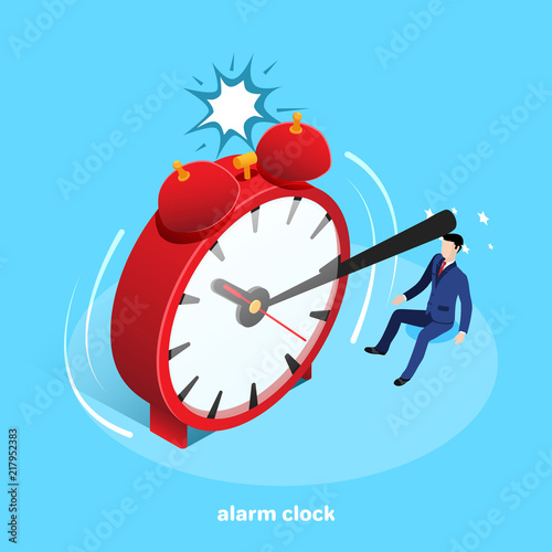 isometric image, red alarm clock hit the minute hand of a man in a business suit