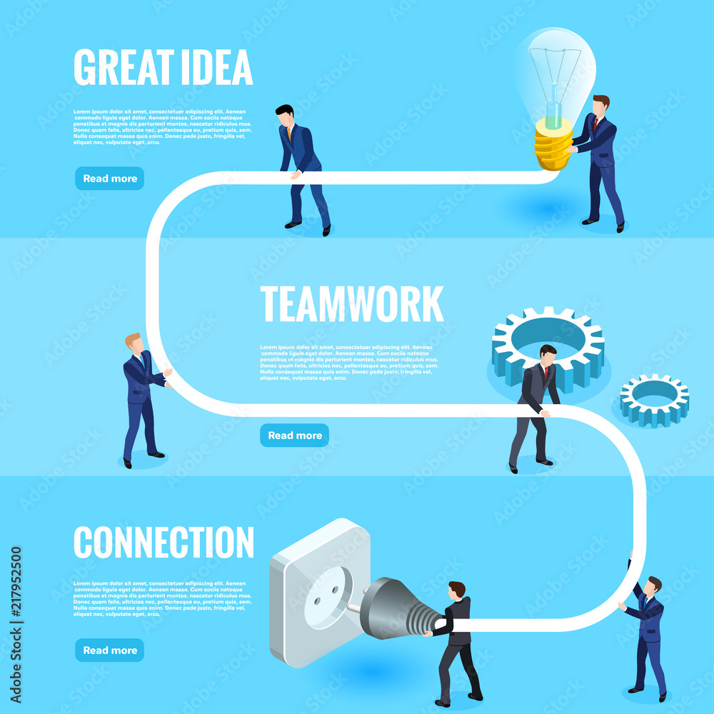 isometric image, men in business suits work in a team, connect an electric light bulb to the outlet, design of the landing isometric image, men in business suits work in a team, connect an electric light bulb to the outlet, design of the landing