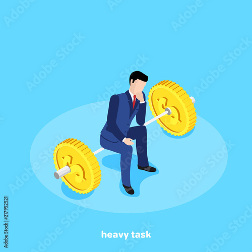 isometric image, a man in a business suit sits on a bar of gold coins