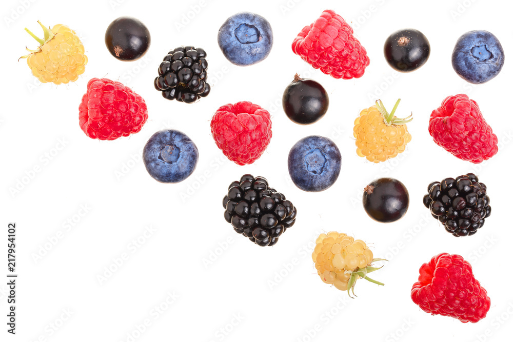 blackberry blueberry raspberry black currant isolated on white background with copy space for your text. Top view. Flat lay pattern blackberry blueberry raspberry black currant isolated on white background with copy space for your text. Top view. Flat lay pattern