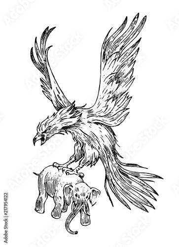 Mythical Phoenix fire bird or antique Roc. Ancient Mythology animal, creature in the old vintage style. eagle with an elephant. Engraved hand drawn old sketch.