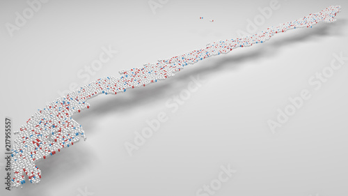 3D Map of Chile - Latin America  | 3d Rendering, mosaic of little bricks - White and flag colors. A number of 4326 little boxes are accurately inserted into the mosaic