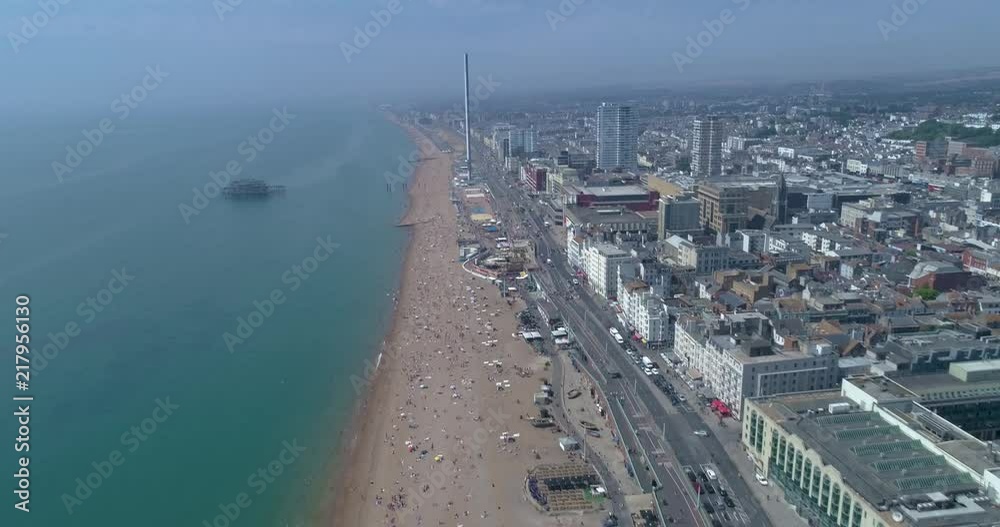 Aerial view of Brighton beach and coastline, on one of the UK's hottest days of the year Aerial view of Brighton beach and coastline, on one of the UK's hottest days of the year