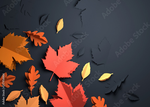 Fototapeta Składany papier origami. Sezonowe jesienne liście na ciemnym tle. 3D ilustracji
