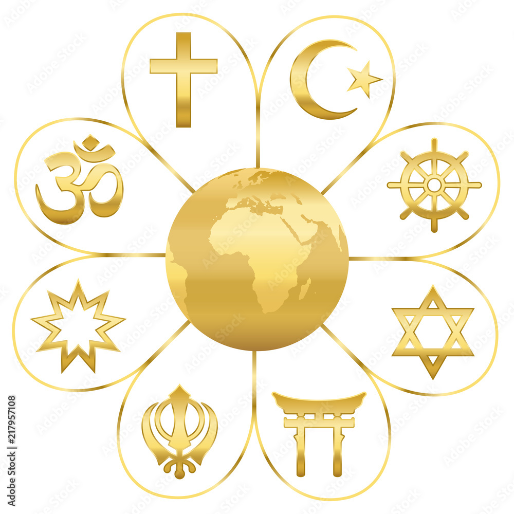 World religions united on a golden flower with earth in center