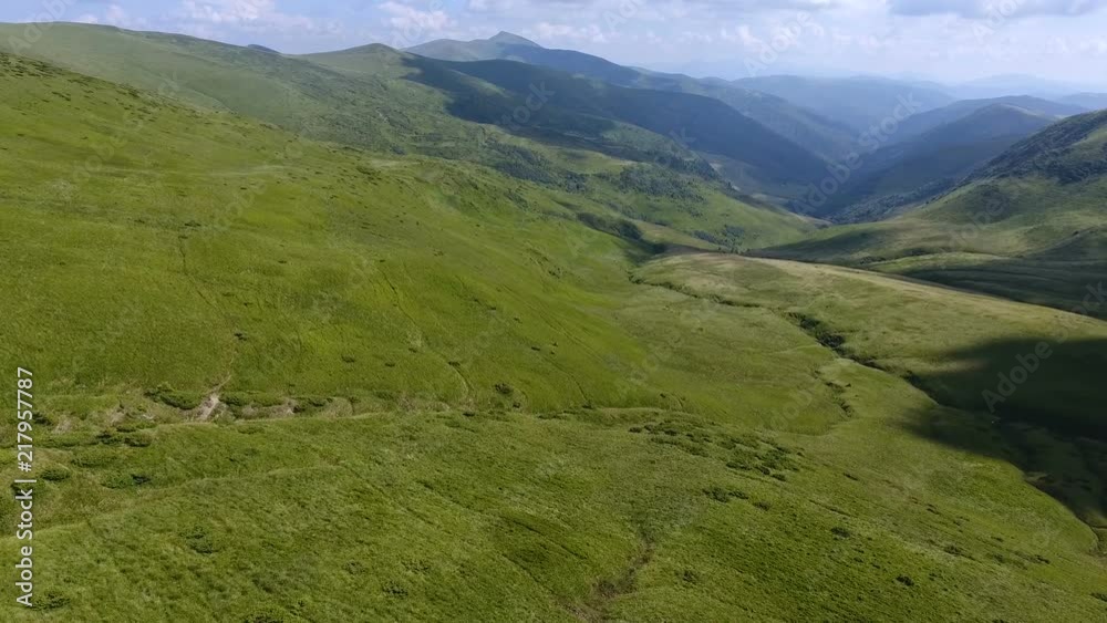 Aerial of a flat plateau with round bushes and green grass in the Carpathians Aerial of a flat plateau with round bushes and green grass in the Carpathians