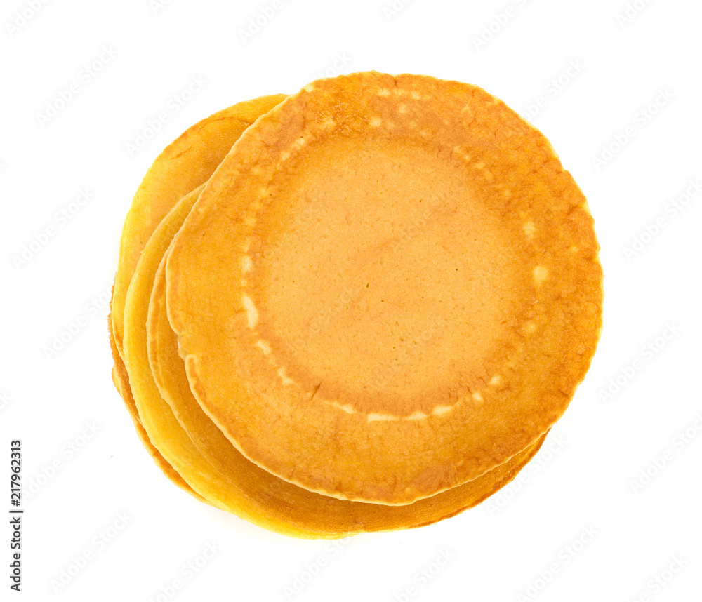 Pancakes stack isolated on white background. Top view. Flat lay Pancakes stack isolated on white background. Top view. Flat lay
