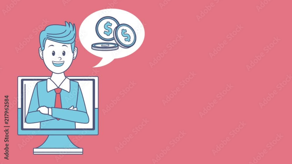 Businessman talking about money on computer screen high definition colorful animation scenes