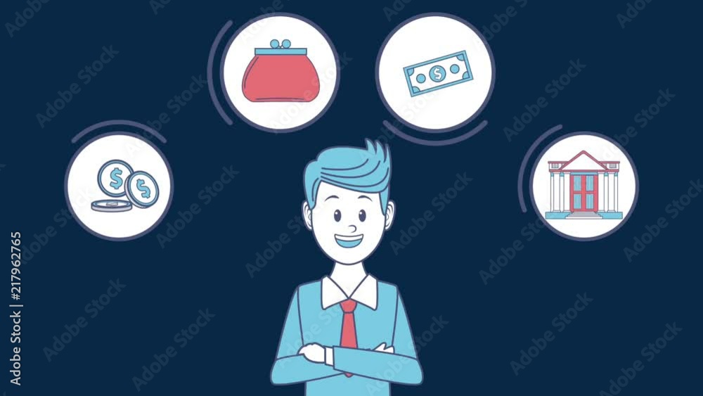 Businessman with money round icons high definition colorful animation scenes Businessman with money round icons high definition colorful animation scenes