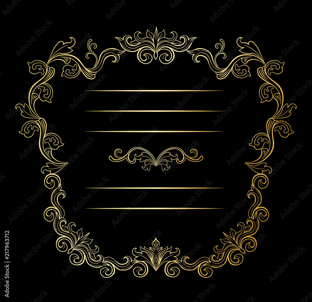 Golden floral border and Frames with place for text. Copy space and dividers or flourishes. Italian gold vintage ornament. Isolated wedding greeting card, certificate and diploma. Headpiece template