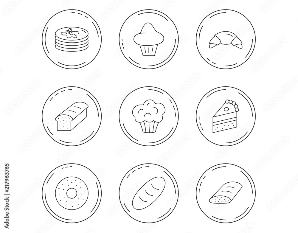Croissant, cake and bread icons. Muffin. Croissant, cake and bread icons. Muffin.