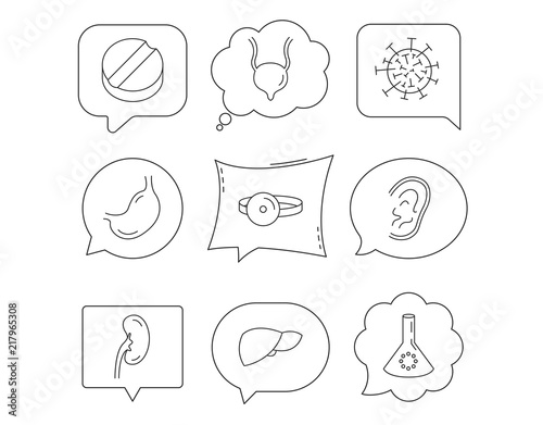 Virus, tablet and stomach organ icons.