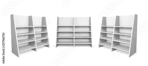 Inclined promotion shelving mockup. Isolated vector retail product stand with shelf.