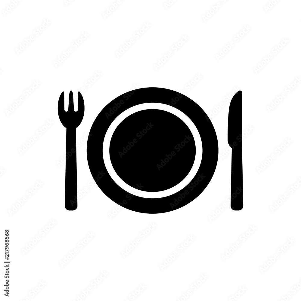 Diner or restaurant symbol icon. A plate, a knife and a fork black vector sign. Diner or restaurant symbol icon. A plate, a knife and a fork black vector sign.
