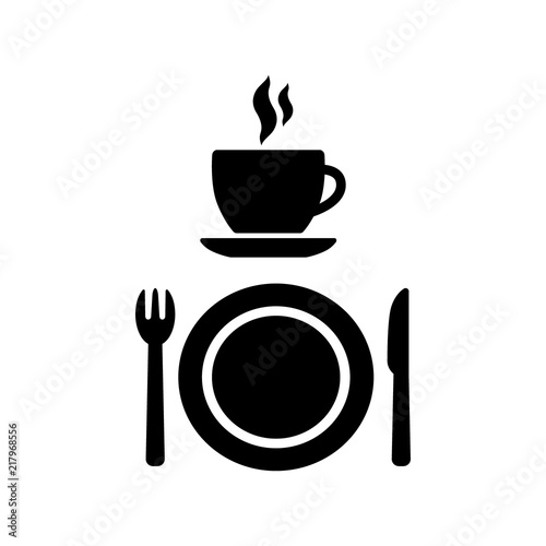 Cafeteria, cafe and diner vector signs. Coffee cup with smoke, a fork, a knife and a plate icon symbols. Restaurant and cafe icons.
