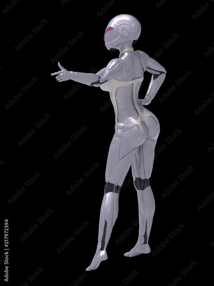 Robotic Cyber Woman is pointing 3D Rendering