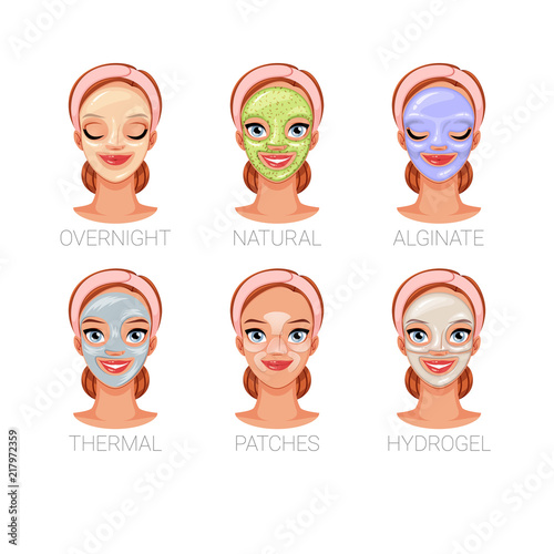 Woman with different facial cosmetic masks. Set of vector illustrations isolated on white background.