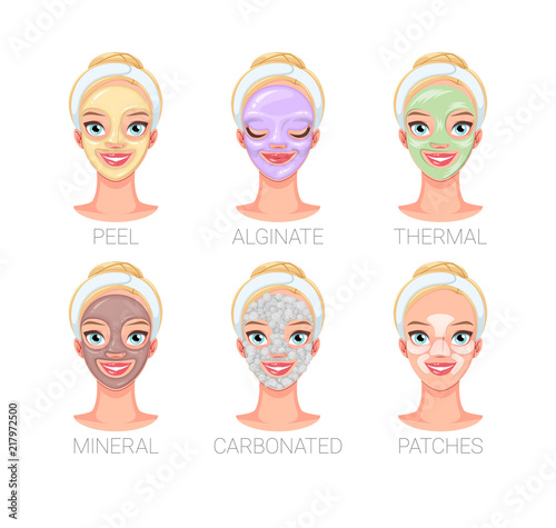 Woman with different skincare facial mask types. Set of vector illustrations.