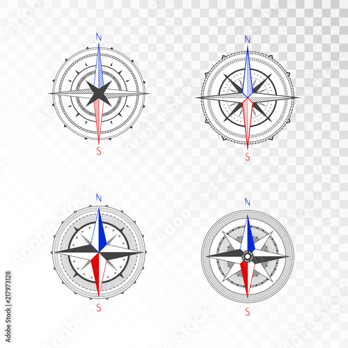 Vector set of vintage compasses or marine wind roses. Collection in line art style. Isolated on transparent background. Black line with the marked color the basic directions North and South.