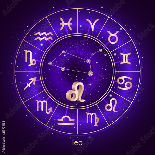 Zodiac sign and constellation LEO with Horoscope circle and sacred symbols on the starry night sky background with geometry pattern. Vector illustrations in purple color. Gold elements.