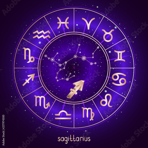 Zodiac sign and constellation SAGITTARIUS with Horoscope circle and sacred symbols on the starry night sky background with geometry pattern. Vector illustrations in purple color. Gold elements.