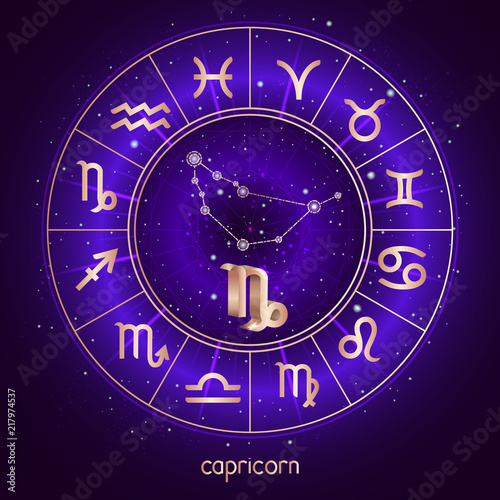 Zodiac sign and constellation CAPRICORN with Horoscope circle and sacred symbols on the starry night sky background with geometry pattern. Vector illustrations in purple color. Gold elements.