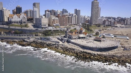 Torreon del Monje coast of Mar del Plata Argentina – 4k drone video of the Argentinian coast and downtown area of Mar del Plata Casino Central in spring time.  Buenos Aires Capital Federal district  