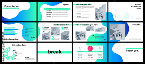Business presentation template with green and blue gradient fluid shapes on white background. photo
