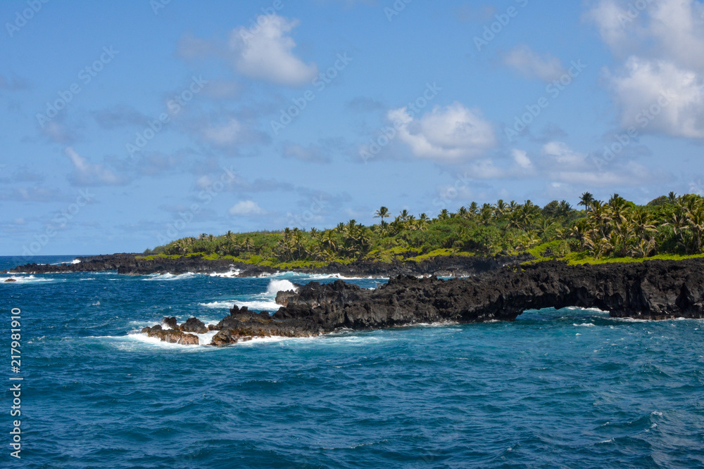 Sea arch along the coast at Waianapanapa Black sand beach state park on the road to Hana in Maui, Hawaii.