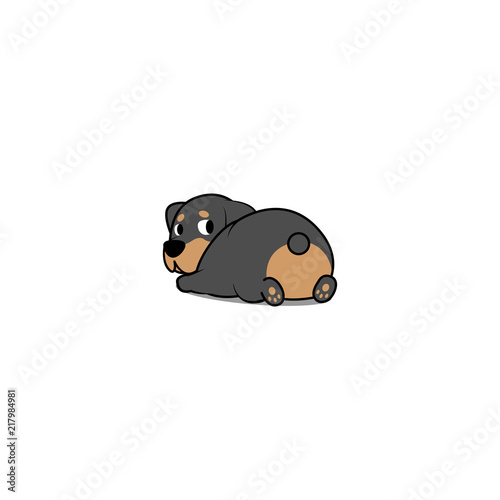 Cute rottweiler puppy lying down and looking back, vector illustration