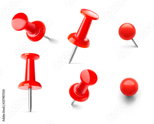 Set of red push pins in different angles isolated on white background. Vector illustration. EPS10.