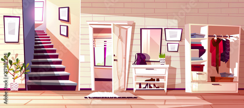 Hallway room interior vector illustration of retro apartment corridor or store entrance with furniture. Cartoon flat wardrobe background with store compartments and shelf for clothes, bag and umbrella