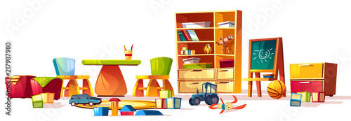 Vector cartoon set of elements for interior childrens kindergarten, playground. Recreational stuff and games, furniture of kids room, preschool. Toys for teaching infants - cubes, cars and blackboard.