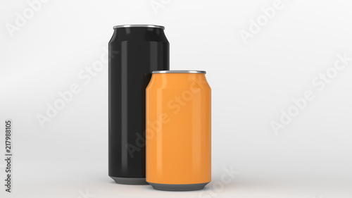 Big black and small orange aluminum soda cans mockup