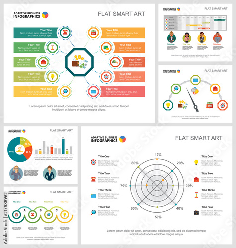 Colorful accounting or statistics concept infographic charts set. Business design elements for presentation slide templates. For corporate report, advertising, leaflet layout and poster design.