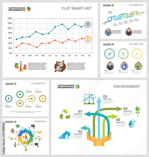 Colorful basketball and ecology concept infographic charts set. Business design elements for presentation slide templates. For corporate report, advertising, leaflet layout and poster design.
