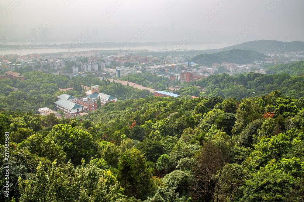 A bird's eye view of the urban landscape at Mount Yuelu, Changsha, Hunan, China