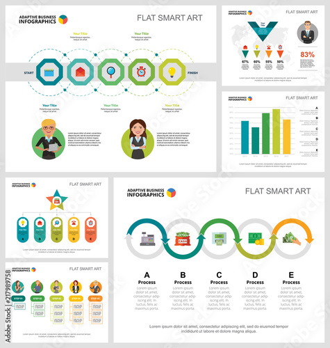 Colorful management or teamwork concept infographic charts set. Business design elements for presentation slide templates. Can be used for financial report, workflow layout and brochure design.