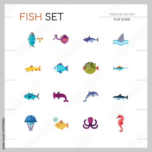 Fish icons set with dolphin, shark and seahorse. Thirteen vector icons